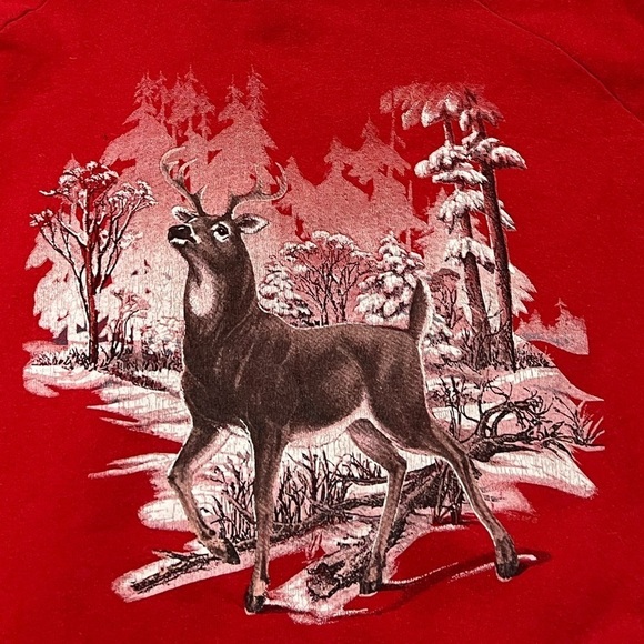 Vintage Deer Animal Print 1980s Red Crewneck Pullover Jumper Sweatshirt - Picture 3 of 4